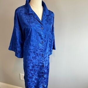 EJC Intimates, Vintage House Dress, Night Gown, Blue Floral Brocade, One Size